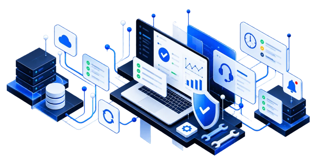 Web application surrounded by monitoring, infrastructure, database, and maintenance systems