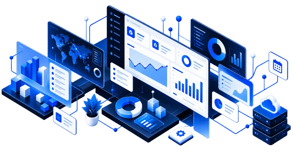Business dashboard combining data, charts, reporting, and connected systems