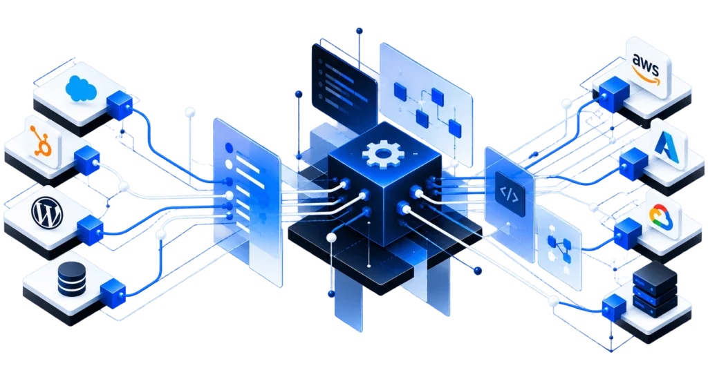 Connected applications and databases exchanging data through an integration layer