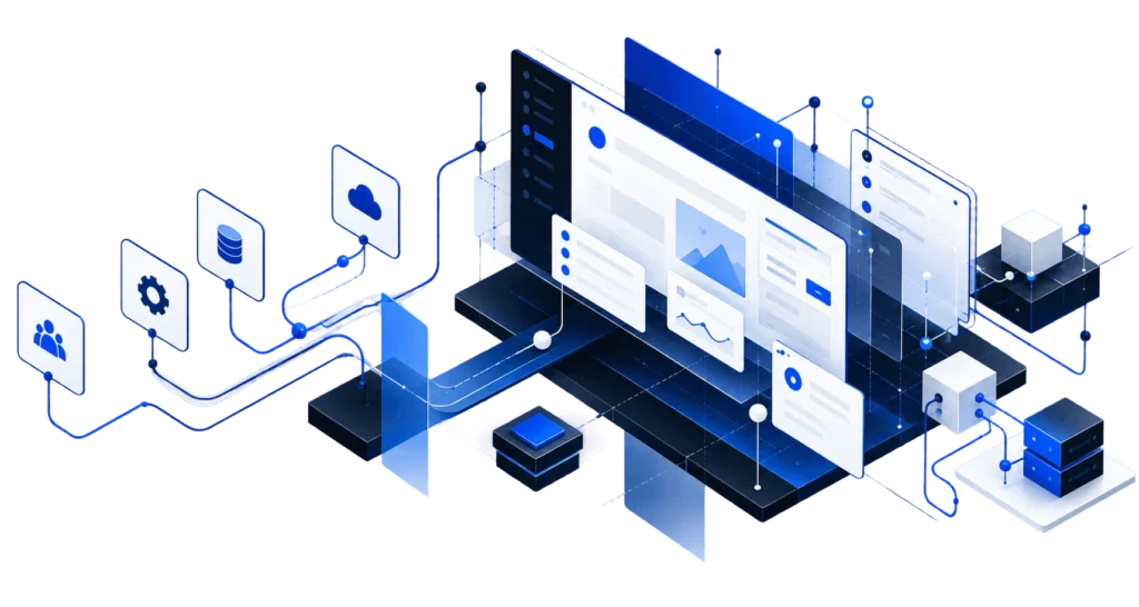 Custom web application connected to users, data, cloud services, and business systems
