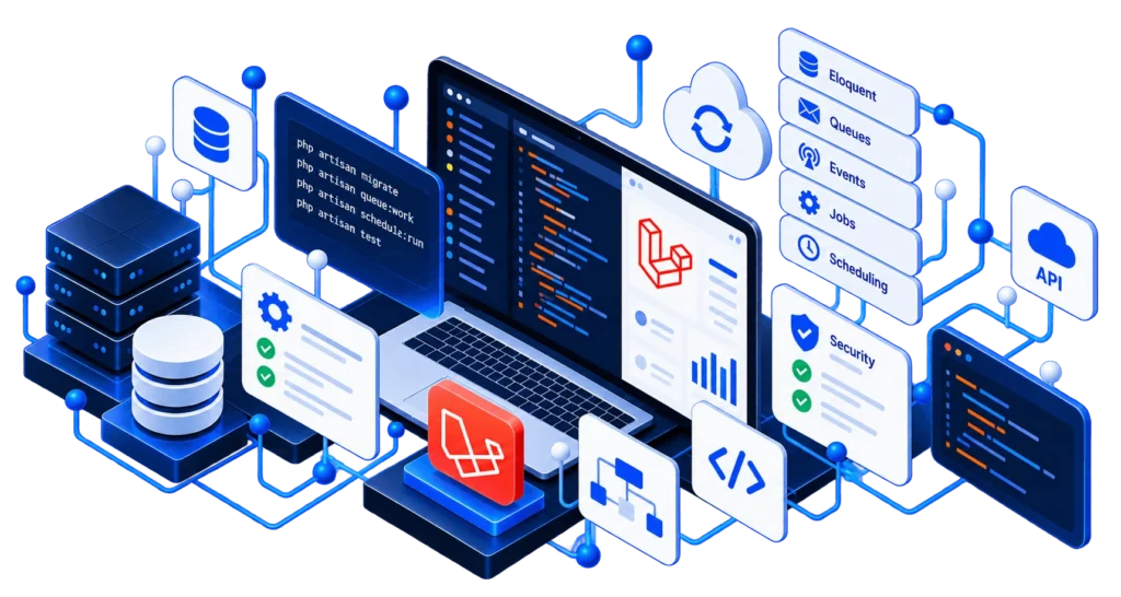 Laravel application architecture connecting code, queues, databases, APIs, and cloud infrastructure