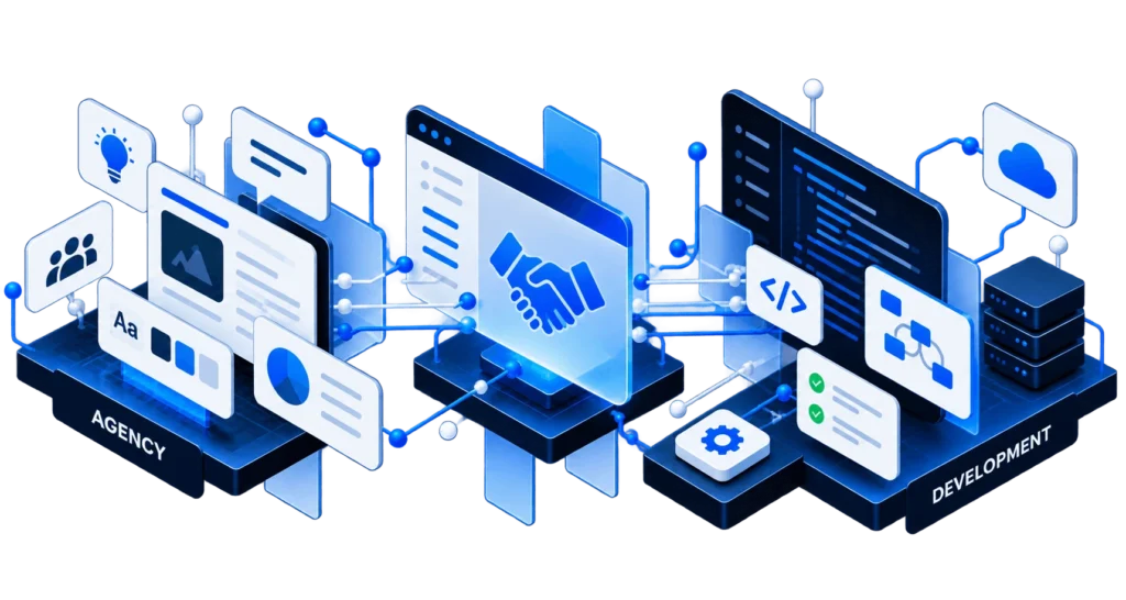 Agency and software development teams connected through a shared project workflow