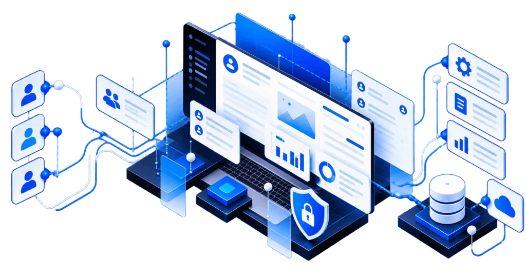 Client portal connected to user accounts, business data, documents, and backend systems