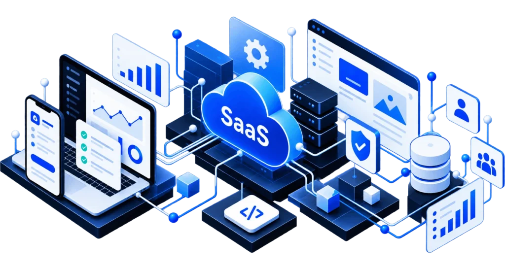 SaaS application architecture connecting users, subscriptions, data, and cloud infrastructure